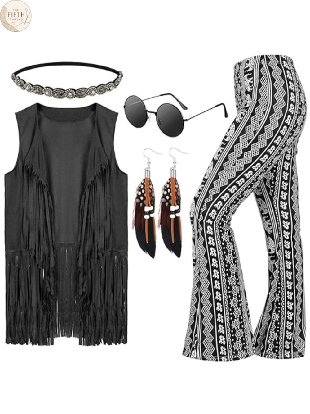 Leumoi 5 Pcs 60s 70s Costume Set Faux Suede Vest Flare Pants Hippie Disco Outfit